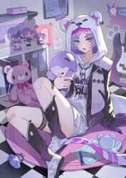 Rule 34 | 1girl, :o, animal ears, animal hood, arm support, bandaid, bandaid on knee, bandaid on leg, bear ears, bear hood, belt, belt buckle, black belt, black footwear, black jacket, black nails, blue eyes, blush, book, boots, bow, bowtie, box, buckle, chain, chain necklace, character doll, checkered floor, clothes writing, collarbone, commentary, creatures (company), dragon tail, dragoon (selen tatsuki), ear piercing, electric guitar, english commentary, eyelashes, fake animal ears, figure, fingernails, fur-trimmed jacket, fur trim, game freak, gen 6 pokemon, guitar, hair ornament, hairclip, hand up, heterochromia, highres, holding, holding stuffed toy, hood, hood up, hoodie, indoors, instrument, jacket, jewelry, knees up, long fingernails, long sleeves, looking at viewer, nail polish, necklace, nijisanji, nijisanji en, nintendo, open clothes, open jacket, open mouth, paper, parted bangs, pen, photo (object), picture frame, piercing, pink bow, pink bowtie, pokemon, poster (object), purple eyes, purple hair, rug, selen tatsuki, selen tatsuki (1st costume), selen tatsuki (2nd costume), selen tatsuki (3rd costume), shelf, short hair, sidelocks, sitting, solo, star (symbol), studded thigh strap, stuffed animal, stuffed toy, sylveon, tail, teddy bear, thigh strap, virtual youtuber, white footwear, white hoodie, white jacket, x hair ornament, yee (yee45913139)