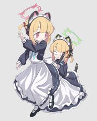 Rule 34 | 2girls, animal ear headphones, animal ears, apron, atat250, back bow, black dress, black footwear, blonde hair, blue archive, blue bow, blue bowtie, blush, bow, bowtie, cat ear headphones, cat tail, dress, empty eyes, fake animal ears, fake tail, frilled apron, frills, green halo, grey background, halo, headphones, highres, long sleeves, maid, maid apron, maid headdress, midori (blue archive), midori (maid) (blue archive), momoi (blue archive), momoi (maid) (blue archive), multiple girls, o o, open mouth, parted lips, pink eyes, pink halo, puffy long sleeves, puffy sleeves, short hair, siblings, simple background, sisters, socks, tail, tearing up, two side up, white apron, white bow, white socks