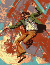 Rule 34 | 1boy, beard, belt buckle, brown footwear, brown pants, buckle, collared shirt, disco elysium, facial hair, green jacket, hand up, harry du bois, highres, jacket, male focus, necktie, outstretched hand, pants, reptileenclosed, shirt, solo, white shirt, wing collar