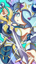 Rule 34 | 1girl, aqua background, blue eyes, blue hair, breasts, detached sleeves, enraenra (youkai watch), hair over one eye, highres, holding, holding sword, holding weapon, large breasts, long hair, looking at viewer, pipiko., simple background, solo, sword, weapon, youkai watch