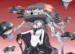Rule 34 | 10s, 1girl, abyssal ship, bodysuit, cape, enemy aircraft (kancolle), gloves, glowing, glowing eyes, gradient background, kantai collection, lilac (p-f easy), long hair, looking at viewer, monster, orange eyes, pale skin, personification, silver hair, solo, weapon, wo-class aircraft carrier