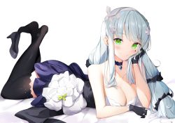 Rule 34 | 1girl, absurdres, bare shoulders, black gloves, black thighhighs, blush, breasts, choker, cleavage, closed mouth, collarbone, commentary, dress, facial mark, flower, girls&#039; frontline, gloves, green eyes, hair ornament, hairband, hand on own cheek, hand on own face, high heels, highres, hk416 (girls&#039; frontline), hk416 (starry cocoon) (girls&#039; frontline), jewelry, kuse (0201), long hair, looking at viewer, lying, official alternate costume, on stomach, pendant, purple dress, shoes, unworn shoes, sidelocks, silver hair, smile, solo, strapless, strapless dress, thighhighs, white background