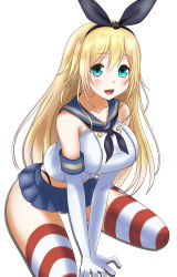 Rule 34 | 1girl, :d, atago (kancolle), bare shoulders, black panties, blonde hair, blue eyes, blue skirt, blush, breasts, collarbone, cosplay, crop top, elbow gloves, gloves, hair between eyes, hairband, highleg, highleg panties, highres, kantai collection, large breasts, long hair, looking at viewer, microskirt, open mouth, panties, pleated skirt, ryuusama, sailor collar, shimakaze (kancolle), shimakaze (kancolle) (cosplay), skirt, smile, solo, striped clothes, striped thighhighs, thighhighs, underwear, v arms, white gloves