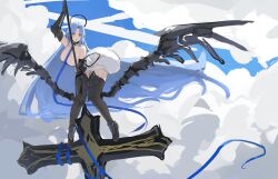 Rule 34 | 1girl, absurdly long hair, absurdres, alsace (azur lane), arm up, armored boots, azur lane, bare shoulders, black thighhighs, black tiara, blue eyes, blue hair, blue ribbon, boots, breast strap, breastless clothes, breasts, chinese commentary, cleavage, cloud, cloudy sky, collarbone, commentary, cross, day, detached collar, dress, floating hair, full body, gauntlets, halo, halo behind head, highres, holding, huge weapon, knees together feet apart, large breasts, leaning forward, long hair, looking at viewer, lump saury, no mask, open mouth, parted bangs, ribbon, sidelocks, sketch, sky, solo, standing, thighhighs, tiara, tiptoes, very long hair, weapon, white dress, wings