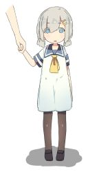 Rule 34 | 10s, 1girl, aged down, alternate hairstyle, blue eyes, brown pantyhose, hair ornament, hair over one eye, hairclip, hamakaze (kancolle), hand grab, highres, holding hands, kantai collection, kei (soundcross), loafers, looking at viewer, low twintails, open mouth, pantyhose, school uniform, serafuku, shoes, short hair, short sleeves, short twintails, silver hair, simple background, solo focus, standing, twintails, white background
