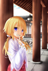 Rule 34 | 1girl, blonde hair, blush, cloud, cloudy sky, commentary request, day, food, grin, hair between eyes, hakama, hakama skirt, holding, holding food, index finger raised, japanese clothes, kimono, long hair, long sleeves, low twintails, original, outdoors, pillar, purple eyes, red hakama, skirt, sky, smile, solo, standing, steam, sweat, twintails, watarui, white kimono, wide sleeves