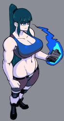 Rule 34 | 1girl, abs, absurdres, anklet, bare shoulders, belt, belt buckle, biceps, blue bra, blue eyes, blue fire, blue sports bra, boots, bra, breasts, buckle, cargo pants, cargo shorts, chef033, cleavage, clenched hand, closed mouth, collarbone, colored skin, combat boots, curvy, eyelashes, female focus, fighting stance, fire, from above, full body, furrowed brow, glowing fist, green hair, grey background, grey skin, hairband, highres, jewelry, laces, large breasts, linea alba, long hair, looking to the side, mature female, muscular, muscular arms, muscular female, muscular, narrow waist, navel, no background, original, pants, ponytail, power-up, pubic mound, shoelaces, shorts, simple background, solo, sports bra, standing, tall female, thick eyebrows, thick thighs, thighs, toned, toned stomach, triceps, underwear, wide hips