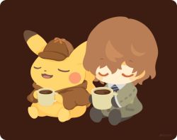Rule 34 | 1boy, akechi gorou, black footwear, black gloves, brown background, brown hair, brown headwear, brown jacket, clothed pokemon, coffee, coffee mug, collared shirt, commentary, creatures (company), crossover, cup, deerstalker, detective pikachu, detective pikachu (character), closed eyes, full body, game freak, gen 1 pokemon, gloves, hat, clothed pokemon, holding, holding cup, jacket, male focus, mug, necktie, nintendo, open mouth, persona, persona 5, pikachu, pokemon, pokemon (creature), rizu (rizunm), shirt, shoes, short hair, side-by-side, simple background, sitting, trait connection, twitter username, white shirt