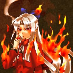Rule 34 | 00s, 1girl, bow, burning, character request, cigarette, discharge cycle, fire, hair bow, half updo, len (tsukihime), long hair, m.u.g.e.n, melty blood, pyrokinesis, red len, smoking, solo, tobi (discharge cycle), tsukihime, white hair