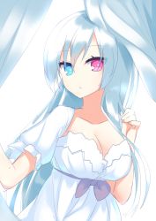 Rule 34 | 1girl, :o, bad id, bad nicoseiga id, blue eyes, bow, breasts, bright pupils, canon (nyori), cleavage, collarbone, curtains, dress, eyebrows, hand in own hair, heterochromia, large breasts, long hair, looking at viewer, nyori, original, parted lips, puffy short sleeves, puffy sleeves, red bow, red eyes, short sleeves, silver hair, simple background, solo, tsurime, underbust, very long hair, white background, white dress, white pupils