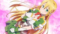 Rule 34 | 10s, 1girl, blonde hair, breasts, cleavage, game cg, gloves, green eyes, green skirt, hair down, large breasts, leafa, leafa (sao:im), long hair, looking at viewer, skirt, smile, solo, sword art online, sword art online: hollow fragment, white gloves