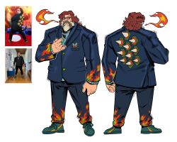 Rule 34 | 1boy, \m/, absurdres, beard, blue jacket, blue pants, blue shirt, bowser, bowser (cosplay), breath weapon, breathing fire, brown hair, clenched hand, commentary, cosplay, english commentary, facial hair, fire, formal, full body, glasses, green footwear, highres, jack black, jacket, looking to the side, male focus, mario (series), medium hair, multicolored shirt, multiple views, mustache, nintendo, pants, photo-referenced, photo inset, piranha plant, puma (brand), real life, red eyes, reference inset, shirt, shoes, sneakers, spikes, suit, the super mario bros. movie, white background, xamurai