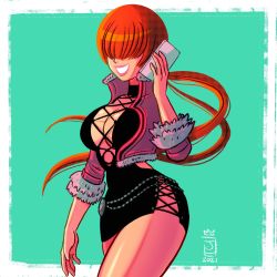Rule 34 | 1girl, black dress, breasts, cleavage, cleavage cutout, clothing cutout, cropped jacket, dress, hair over eyes, highres, holding, holding phone, jaliet exe, large breasts, lipstick, makeup, phone, red hair, shermie (kof), simple background, smile, snk, solo, the king of fighters, the king of fighters xv