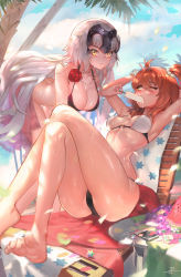 Rule 34 | 2girls, ahoge, armpits, arms up, asymmetrical hair, bare arms, bare legs, bare shoulders, barefoot, beach towel, bikini, black bikini, blue sky, blurry, blush, bottomless, bracelet, breasts, breasts apart, cellphone, chair, cleavage, collarbone, covered erect nipples, day, deck chair, depth of field, duan henglong, eating, fate/grand order, fate (series), feeding, flower, food, foreshortening, fruit, fujimaru ritsuka (female), furrowed brow, grapes, hair between eyes, hair ornament, hanging breasts, headphones, headpiece, highres, jeanne d&#039;arc (fate), jeanne d&#039;arc (ruler) (fate), jeanne d&#039;arc alter (avenger) (fate), jeanne d&#039;arc alter (fate), jewelry, long hair, looking at viewer, looking away, looking to the side, lounge chair, lying, medium breasts, mismatched bikini, motion blur, multiple girls, necklace, on back, one eye closed, orange hair, outdoors, palm tree, phone, raised eyebrows, red flower, red rose, rose, see-through, side ponytail, signature, silver hair, sky, smartphone, sweat, swimsuit, table, thigh gap, towel, tree, very long hair, watermelon, white bikini