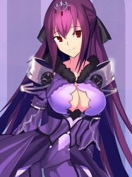 Rule 34 | 1girl, absurdres, armor, black ribbon, breasts, cleavage, closed mouth, dress, fate/grand order, fate (series), fur-trimmed dress, fur trim, hair between eyes, hair ribbon, highres, large breasts, long hair, long sleeves, looking at viewer, pauldrons, purple dress, purple hair, red eyes, ribbon, saber12306, scathach (fate), scathach skadi (fate), scathach skadi (second ascension) (fate), shoulder armor, smile, solo, tiara
