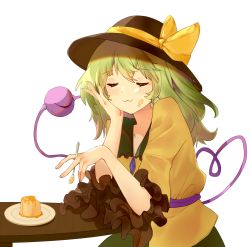 Rule 34 | 1girl, absurdres, bow, closed eyes, food, frills, green hair, hand on own cheek, hand on own face, hand up, hat, hat bow, heart, heart of string, highres, holding, holding spoon, koishi rockv, komeiji koishi, long hair, pudding, simple background, solo, spoon, table, third eye, touhou, upper body, white background