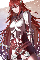 Rule 34 | 1girl, armor, armored dress, belt, belt buckle, breastplate, buckle, closed mouth, cordelia (fire emblem), delsaber, dress, fire emblem, fire emblem awakening, hair between eyes, highres, holding, holding weapon, lips, long hair, looking at viewer, nintendo, pink lips, red belt, red dress, red eyes, red hair, shoulder armor, smile, solo, very long hair, weapon, wing hair ornament