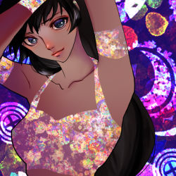 Rule 34 | 1girl, armpits, arms up, black eyes, black hair, commentary, english commentary, hase (nafela), long hair, looking at viewer, multicolored background, original, smile, solo, solo focus, tank top, upper body