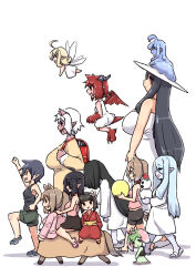 Rule 34 | 6+girls, absurdres, ahoge, arm up, backpack, bag, bare arms, bare shoulders, bike shorts, black hair, black shorts, black skirt, black tank top, blonde hair, blue footwear, blue hair, breasts, brown hair, brown shirt, brown skirt, camisole, chibi, colored skin, crop top, curled horns, dragon girl, dragon horns, dragon tail, dragon wings, dress, fairy, fairy wings, flower, from side, green shorts, green skin, hair flower, hair ornament, hasshaku-sama, highres, horns, japanese clothes, kimono, large breasts, loafers, long hair, mini person, minigirl, monster girl, multiple girls, obi, original, pink camisole, pink shirt, plant girl, pointy ears, ponytail, profile, randoseru, red kimono, red wings, sash, shadow, shirt, shoes, short shorts, shorts, skirt, sleeveless, sleeveless dress, slime girl, small breasts, snowman, standing, standing on one leg, tail, tank top, u-non (annon&#039;an), very long hair, white background, white dress, white flower, white kimono, white wings, wings, yuki onna