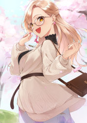 Rule 34 | 1girl, :d, absurdres, bag, black shirt, blonde hair, blush, breasts, brown cardigan, cardigan, commentary request, cowboy shot, fang, glasses, hands up, highres, jewelry, long hair, long sleeves, looking at viewer, looking back, nail polish, necklace, nijisanji, nui sociere, nui sociere (4th costume), open mouth, pink nails, puffy long sleeves, puffy sleeves, purple skirt, shirt, shoulder bag, skin fang, skirt, smile, solo, supersaiazin-kanako, virtual youtuber, yellow eyes