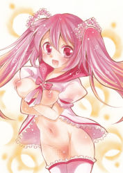 Rule 34 | 1girl, bottomless, breasts, censored, crossed arms, flower, hair flower, hair ornament, hatsune miku, large breasts, long hair, marker (medium), navel, nipples, open mouth, pink eyes, pink hair, piyosuka, sakura miku, solo, thighhighs, traditional media, twintails, vocaloid