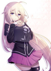 Rule 34 | 1girl, black shirt, blue eyes, breasts, cevio, character name, commentary, cowboy shot, grey shirt, half-closed eyes, hands on own chest, ia (vocaloid), long hair, looking at viewer, medium breasts, miniskirt, own hands together, parted lips, pink skirt, platinum blonde hair, pleated skirt, shif ten, shirt, skirt, solo, thigh strap, very long hair, vocaloid