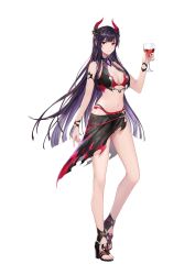 Rule 34 | 1girl, bare arms, bare shoulders, bikini, black bikini, black footwear, black hair, breasts, cleavage, closed mouth, cup, demon horns, drinking glass, full body, gradient hair, hand up, high heels, highres, holding, horns, king&#039;s raid, long hair, looking at viewer, medium breasts, midriff, multicolored hair, navel, official art, red eyes, sarong, see-through, seria (king&#039;s raid), simple background, solo, standing, stomach, swimsuit, thighs, very long hair, white background, wine glass