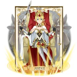 Rule 34 | 1girl, armored boots, black gloves, black sleeves, blonde hair, boots, bow, breasts, brown bow, cape, cleavage, closed mouth, crown, detached collar, detached sleeves, elf, gloves, green eyes, grey footwear, hair between eyes, hair bow, high ponytail, highres, holding, holding sword, holding weapon, justice (tarot), knee boots, leafa, long hair, looking at viewer, medium breasts, official art, pointy ears, sitting, smile, solo, strapless, sword, sword art online, sword art online: memory defrag, tarot, tarot (medium), thighhighs, throne, transparent background, weapon, white cape, white thighhighs, wing collar