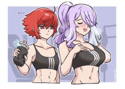 Rule 34 | 2girls, :d, ahoge, alternate costume, alternate hairstyle, bare arms, bare shoulders, blush, breast envy, breasts, burnt green tea, camilla (fire emblem), cleavage, closed eyes, collarbone, commentary, crop top, female focus, fire emblem, fire emblem fates, hair over one eye, highres, hinoka (fire emblem), holding, large breasts, matching hair/eyes, medium support (meme), midriff, multiple girls, navel, nintendo, open mouth, ponytail, purple hair, red eyes, red hair, short hair, small breasts, smile, sports bra, stomach, sweat
