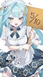 Rule 34 | 1girl, :d, absurdres, apron, aqua hair, blue bow, blue bowtie, blue skirt, bow, bowtie, colored eyelashes, commentary, cowboy shot, faruzan (cafe) (genshin impact), faruzan (genshin impact), frilled apron, frills, genshin impact, green eyes, hair ornament, heart, highres, holding, holding sign, long hair, looking at viewer, maid, maid headdress, official alternate costume, open mouth, puffy short sleeves, puffy sleeves, short sleeves, sign, skirt, smile, solo, standing, twintails, ura (hamburg oniku), very long hair, white apron, wrist cuffs, x hair ornament