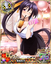 Rule 34 | 1girl, black bra, black hair, blush, bra, breasts, card (medium), cellphone, character name, chess piece, drink, drinking, drinking straw, high school dxd, high school dxd pi, himejima akeno, large breasts, long hair, official art, one eye closed, phone, ponytail, purple eyes, queen (chess), selfie, skirt, smartphone, solo, source request, trading card, underwear, very long hair