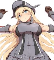 Rule 34 | 1girl, alchera, armor, bismarck (kancolle), blonde hair, blue eyes, breastplate, breasts, brown gloves, clenched teeth, detached sleeves, gloves, hat, kantai collection, long hair, looking at viewer, lying, medium breasts, military, military hat, military uniform, peaked cap, solo, teeth, thighhighs, uniform, upper body