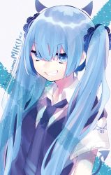 Rule 34 | 1girl, absurdres, blue eyes, blue hair, blue necktie, character name, collared shirt, commentary, demon horns, demon tail, demon wings, grin, hair ornament, half-closed eyes, hatsune miku, highres, horns, lace-trimmed hair ornament, lace trim, long hair, looking at viewer, necktie, shirt, short sleeves, smile, solo, tail, tsubaki tsubaru, twintails, upper body, very long hair, vest, vocaloid, white background, white shirt, wings