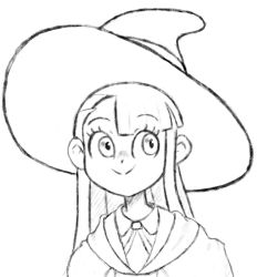 Rule 34 | 1girl, blunt bangs, cloak, collared shirt, commentary, dot nose, english commentary, greyscale, hat, highres, kagari atsuko, little witch academia, long hair, looking away, looking to the side, monochrome, roxlyn166, shirt, sideways glance, simple background, smile, solo, straight hair, upper body, white background, witch hat