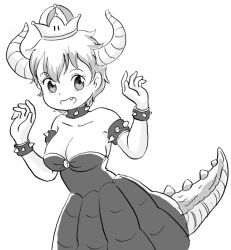 Rule 34 | 1girl, armlet, bowsette, bowsette (cosplay), bracelet, breasts, cleavage, collar, collarbone, cosplay, crown, dress, fang, horns, jewelry, large breasts, looking at viewer, mario (series), marup, monochrome, new super mario bros. u deluxe, nintendo, open mouth, short hair, smile, spiked armlet, spiked bracelet, spiked collar, spikes, standing, super crown, tail