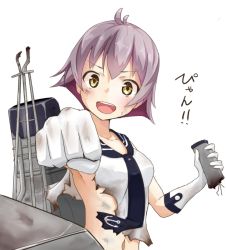 Rule 34 | 10s, 1girl, ahoge, breasts, clenched hand, collarbone, controller, damaged, dirty, dirty face, foreshortening, funnel, gloves, joystick, kantai collection, looking at viewer, machinery, midriff, necktie, negahami, purple hair, sakawa (kancolle), shirt, short hair, simple background, small breasts, smokestack, solo, tank top, torn clothes, translation request, turret, white background, white gloves, white shirt, yellow eyes, yellow theme