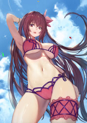 Rule 34 | 1girl, arm up, armpits, bikini, blue sky, bracelet, breasts, cloud, cloudy sky, contrapposto, cowboy shot, day, fate/grand order, fate (series), flower, from below, gluteal fold, hair flower, hair ornament, highres, jewelry, large breasts, bridal garter, long hair, looking down, navel, outdoors, parted lips, petals, pink bikini, purple eyes, purple hair, raijuu (bakanara), scathach (fate), scathach (fate), scathach (swimsuit assassin) (fate), sky, solo, sparkle, standing, sunlight, swimsuit, underboob, very long hair