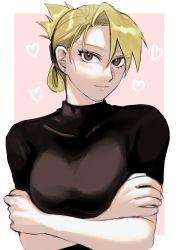 Rule 34 | 1girl, arms under breasts, black shirt, blonde hair, blush, border, breasts, brown eyes, commentary request, covered collarbone, crossed arms, earrings, fullmetal alchemist, heart, highres, jewelry, large breasts, lips, looking at viewer, nose, outside border, ozaki (tsukiko3), pink background, riza hawkeye, shirt, smile, solo, swept bangs, upper body, white border