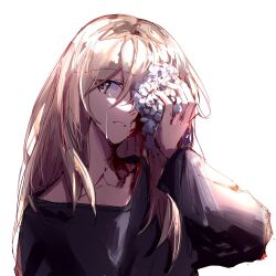 Rule 34 | 1girl, black shirt, blood, blood on face, blood on neck, crying, crying with eyes open, flower, flower over eye, girls band cry, grey eyes, hibioes, highres, kawaragi momoka, light brown hair, long sleeves, looking at viewer, multicolored hair, roots (hair), shirt, simple background, solo, tears, upper body, white background, white flower