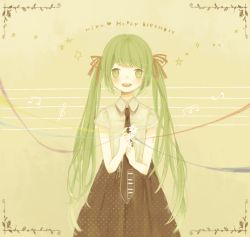 Rule 34 | 1girl, bad id, bad pixiv id, character name, flower, green eyes, green hair, hair ribbon, happy birthday, hatsune miku, hinao (flowerrabbit2348), long hair, matching hair/eyes, musical note, necktie, open mouth, ribbon, skirt, solo, twintails, very long hair, vocaloid