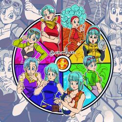 Rule 34 | 6+girls, age progression, aged up, amartbee, baby, blue eyes, blue hair, blush, breasts, bulma, cleavage, crossed arms, dragon ball, dragon ball (object), dragon ball super, dragon ball super broly, dragonball z, drunk, dual persona, glass, hand on own hip, happy, headband, highres, holding, jacket, laughing, long hair, looking at viewer, medium breasts, multiple girls, open clothes, open jacket, scarf, short hair, skirt, sunglasses, trunks (dragon ball), wheel