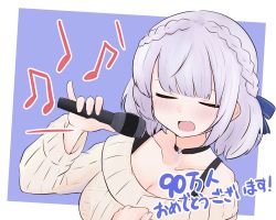 Rule 34 | 1girl, :d, beamed eighth notes, black choker, blue background, blue bow, blush, bow, braid, breasts, brown sweater, choker, cleavage, closed eyes, collarbone, commentary request, eighth note, grey hair, hair bow, hand up, highres, holding, holding microphone, hololive, kujou karasuma, large breasts, long sleeves, microphone, milestone celebration, musical note, open mouth, ribbed sweater, shirogane noel, shirogane noel (casual), smile, solo, sweater, translation request, two-tone background, upper body, virtual youtuber, white background