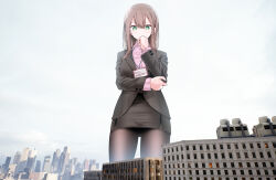 Rule 34 | 1girl, @ @, arm under breasts, black jacket, blush, breasts, brown hair, brown pantyhose, building, cityscape, clenched hand, closed mouth, collared shirt, cowboy shot, eyelashes, fine fabric emphasis, formal, giant, giantess, green eyes, grey sky, hair between eyes, hand up, highres, jacket, large breasts, miniskirt, office lady, ol-chan (oouso), oouso, original, pantyhose, pencil skirt, photo background, pink shirt, shadow, shirt, sidelocks, skirt, skirt suit, sky, solo, standing, suit, sweatdrop, thighs