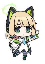 Rule 34 | 1girl, bell (oppore coppore), black footwear, black shorts, black thighhighs, blonde hair, blue archive, blue necktie, blush, cat tail, closed mouth, collared shirt, commentary request, full body, green eyes, green halo, halo, highres, jacket, long sleeves, midori (blue archive), necktie, open clothes, open jacket, shirt, shoes, short hair, shorts, simple background, solo, tail, thighhighs, white background, white jacket, white shirt