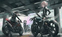 Rule 34 | 3girls, black footwear, black gloves, black legwear, black shirt, black skirt, blue eyes, bow (weapon), brown hair, closed mouth, commentary, gloves, grey hair, holding, holding bow (weapon), holding weapon, license plate, long hair, motor vehicle, motorcycle, multiple girls, original, pantyhose, pleated skirt, ponytail, profile, shirt, shoes, skirt, smile, standing, swav, text background, twintails, weapon, weapon on back, weapon request