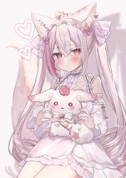 Rule 34 | 1girl, :t, ahoge, animal ears, character request, commission, detached sleeves, hakua aa, heart, heart ahoge, highres, holding, holding stuffed toy, indie virtual youtuber, long sleeves, pink eyes, pink hair, pink theme, pout, sideways glance, skeb commission, solo, stuffed animal, stuffed toy, tail, twintails, virtual youtuber