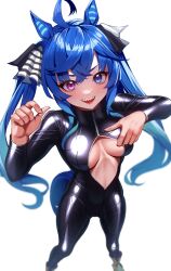 Rule 34 | 1girl, :d, ahoge, animal ears, biker clothes, bikesuit, black ribbon, blue eyes, blue hair, bodysuit, breasts, commentary request, gradient hair, hair ribbon, heterochromia, highres, horse ears, horse girl, latex, latex bodysuit, long hair, looking at viewer, medium breasts, multicolored hair, navel, open mouth, pink eyes, ribbon, sharp teeth, simple background, skin tight, smile, solo, standing, striped ribbon, teeth, twin turbo (umamusume), twintails, umamusume, upper teeth only, volyz, white background, white ribbon, zipper