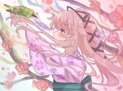 Rule 34 | 1girl, animal request, bird, cherry blossoms, dated, eye contact, floral print, flower, hair flaps, highres, japanese clothes, kantai collection, kimono, long hair, looking at another, pink hair, pink kimono, ponytail, signature, upper body, very long hair, womisoba, yukata, yura (kancolle)