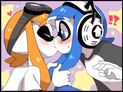 Rule 34 | !?, 2girls, blue eyes, blue hair, blush, colored skin, commentary request, eromame, eyebrows, goggles, goggles on head, headphones, heart, inkling, inkling girl, inkling player character, kiss, long hair, multiple girls, nintendo, orange hair, pulling, pulling another&#039;s clothes, splatoon (series), splatoon 1, surprised, tears, tentacle hair, thick eyebrows, white skin, yuri