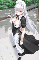 Rule 34 | 1girl, apron, breasts, cigarette, cleavage, commentary request, gloves, grey hair, gun, highres, holding, holding cigarette, holding gun, holding weapon, kfr, large breasts, long hair, looking at viewer, maid, maid apron, maid headdress, original, outdoors, puffy short sleeves, puffy sleeves, red eyes, short sleeves, shotgun, smile, solo, standing, weapon, white gloves